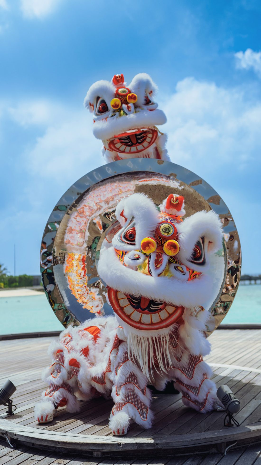Lion dance lions performing at a seaside venue