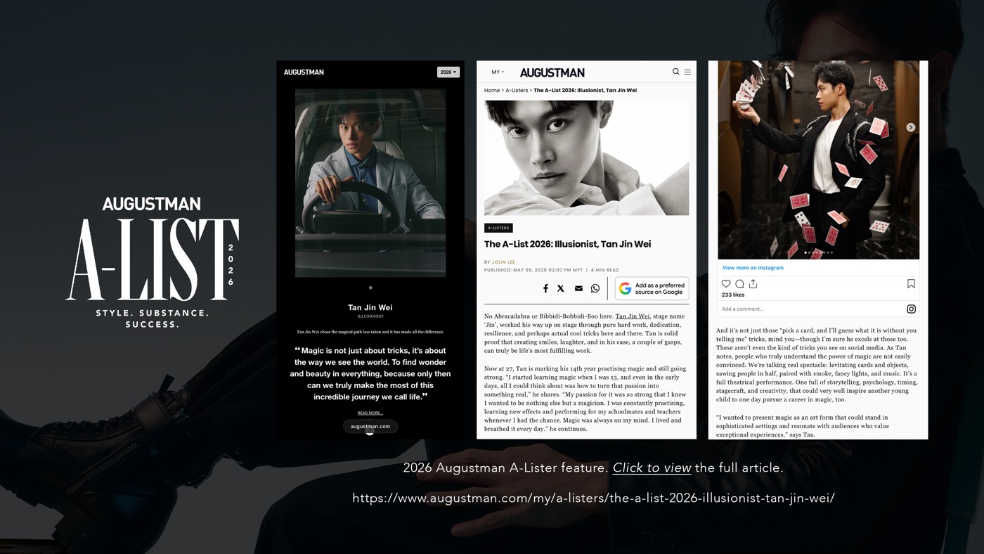 Augustman A-List 2026 feature on illusionist Tan Jin Wei, opens the article