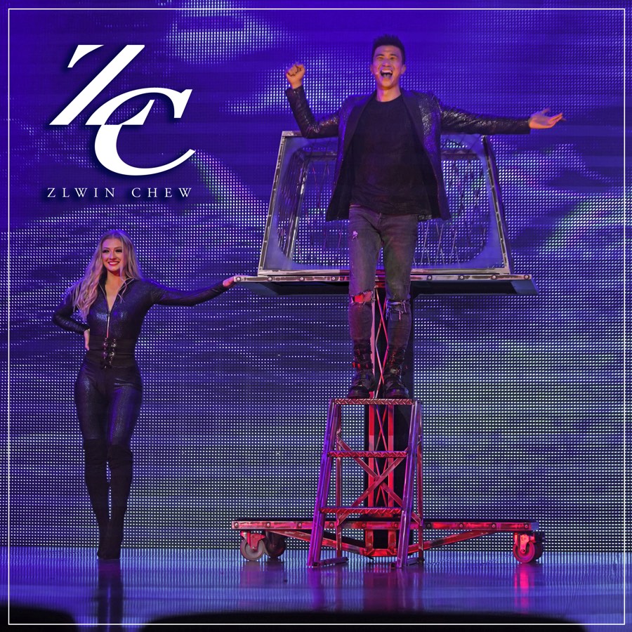 Zlwin Chew show artwork: a magician and his assistant with a box illusion on a raised stand